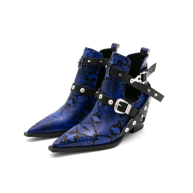 Women's Snake-printed Pointed Toe Rivets Buckle Straps Block Chunky Heel Short Boots