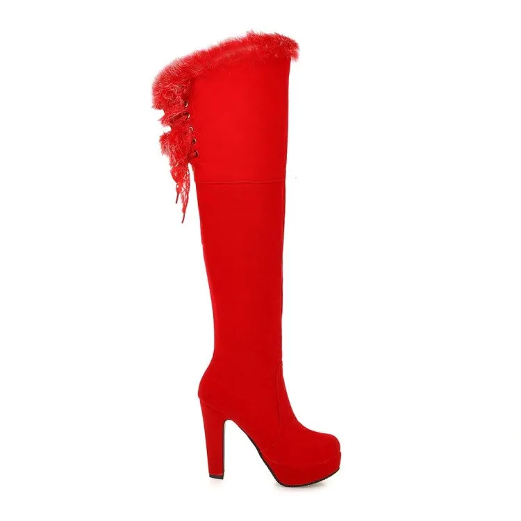 Women's Suede Round Toe Fur Zipper Platform Chunky Heel Knee High Boots