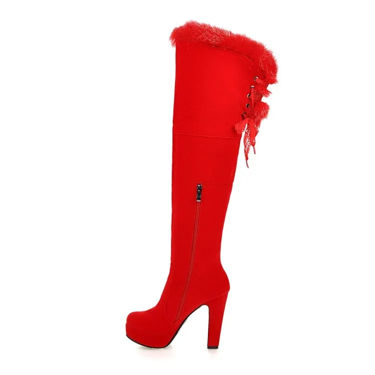 Women's Suede Round Toe Fur Zipper Platform Chunky Heel Knee High Boots