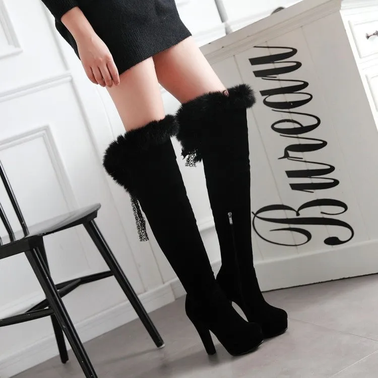 Women's Suede Round Toe Fur Zipper Platform Chunky Heel Knee High Boots