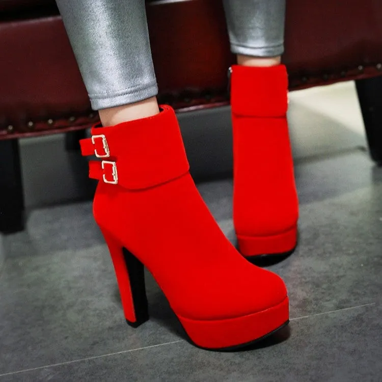 Women's Suede Round Toe Side Zippers Belts Buckles Chunky Heel Platform Short Boots