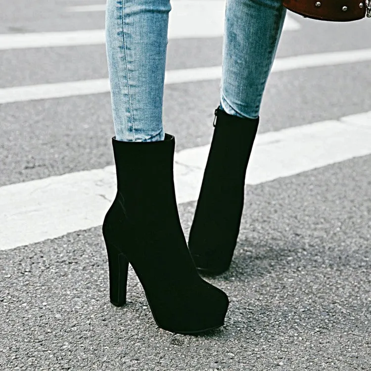 Women's Suede Round Toe Side Zippers Platform Chunky Heel Short Boots