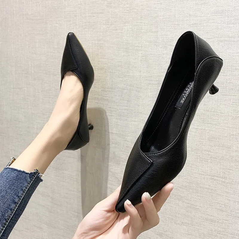 xiangtuibao Black High Heels 3cm Soft Leather Soft Bottom Stewardess Work Shoes Women's Long Standing Not Tired Feet Interview Work Kitten Heel