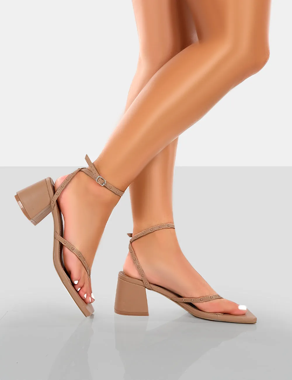 Zahra Nude PU Toe Thong Mid Block Heeled Sandals