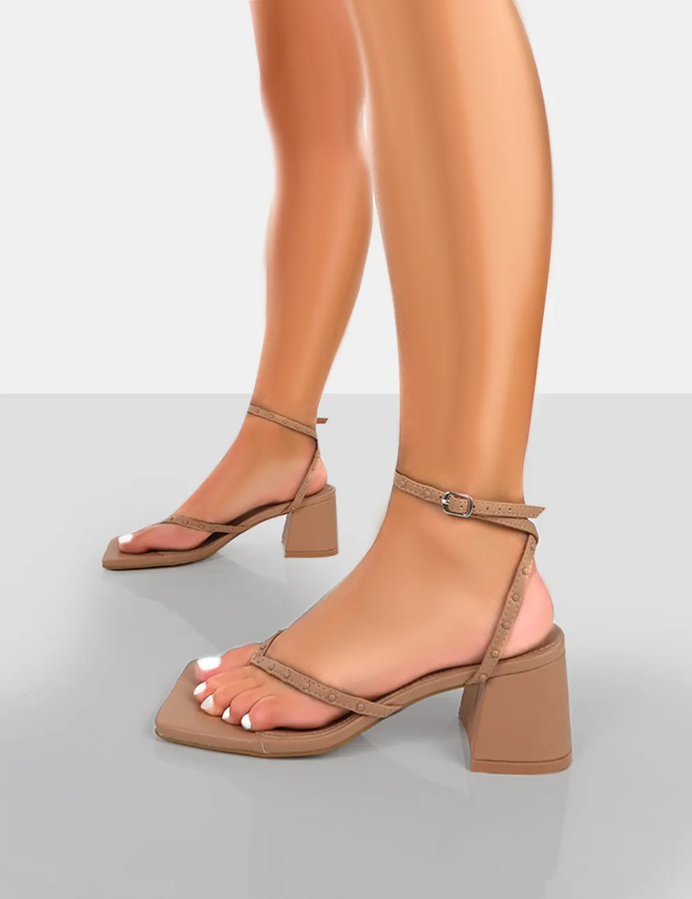 Zahra Nude PU Toe Thong Mid Block Heeled Sandals